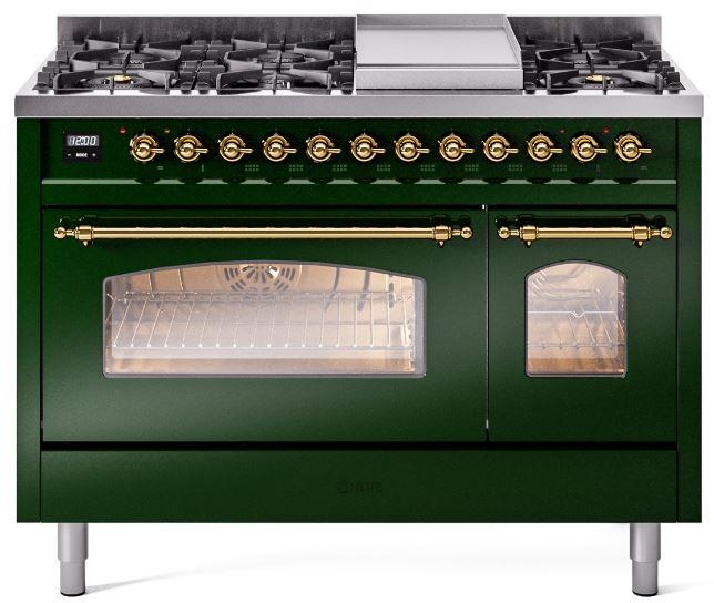 ILVE Nostalgie II 48" Dual Fuel Natural Gas Range, Emerald Green, Brass Trim ILVE UP48FNMPEGG