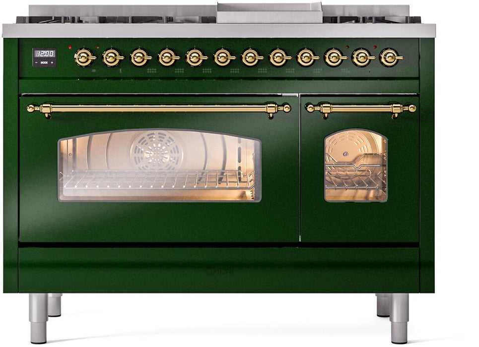 ILVE Nostalgie II 48" Dual Fuel Natural Gas Range, Emerald Green, Brass Trim ILVE UP48FNMPEGG