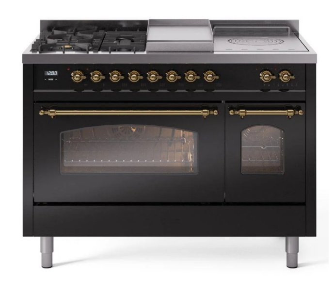 ILVE Nostalgie II 48"  Dual Fuel Natural Gas Range Glossy Black Brass Trim UP48FSNMPBKG