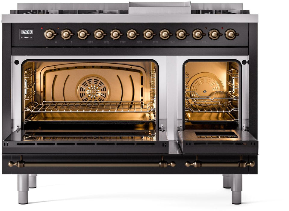ILVE Nostalgie II 48" Dual Fuel Natural Gas Range, Glossy Black, Bronze Trim UP48FNMPBKB