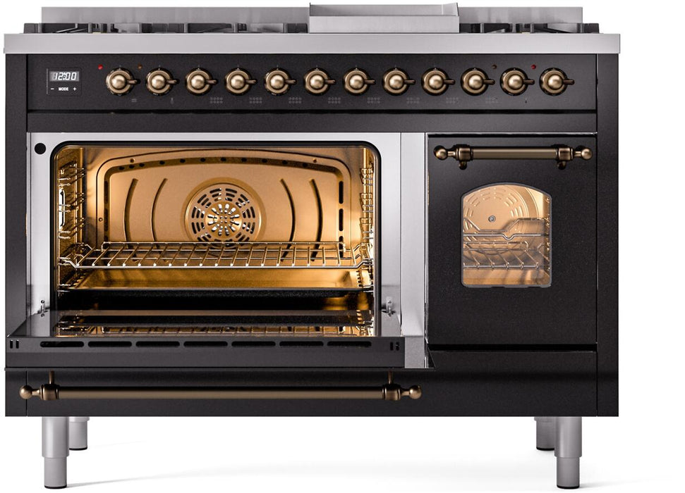 ILVE Nostalgie II 48" Dual Fuel Natural Gas Range, Glossy Black, Bronze Trim UP48FNMPBKB