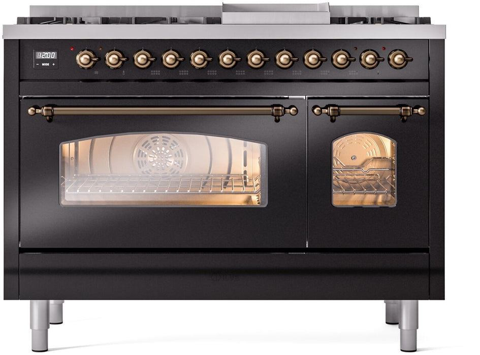 ILVE Nostalgie II 48" Dual Fuel Natural Gas Range, Glossy Black, Bronze Trim UP48FNMPBKB