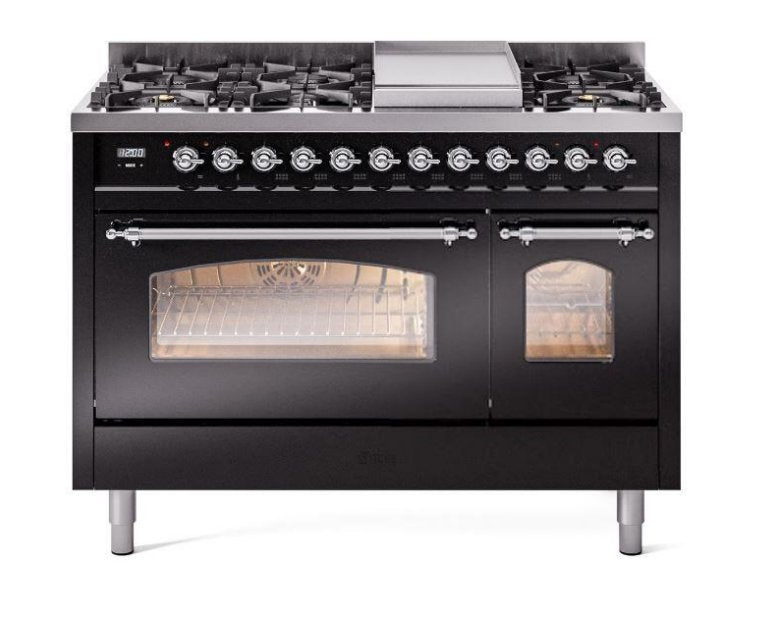 ILVE Nostalgie II 48" Dual Fuel Natural Gas Range, Glossy Black, Chrome Trim UP48FNMPBKC