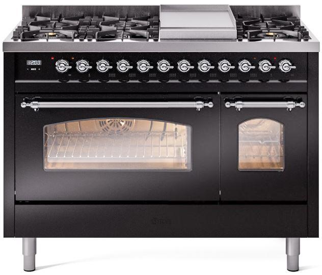 ILVE Nostalgie II 48" Dual Fuel Natural Gas Range, Glossy Black, Chrome Trim UP48FNMPBKC