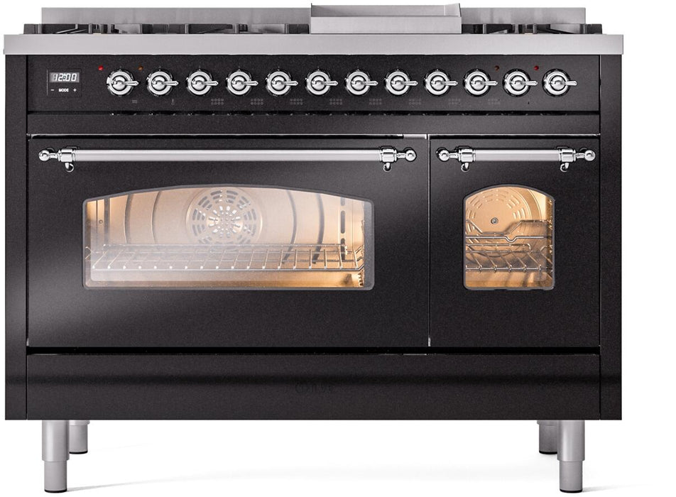 ILVE Nostalgie II 48" Dual Fuel Natural Gas Range, Glossy Black, Chrome Trim UP48FNMPBKC