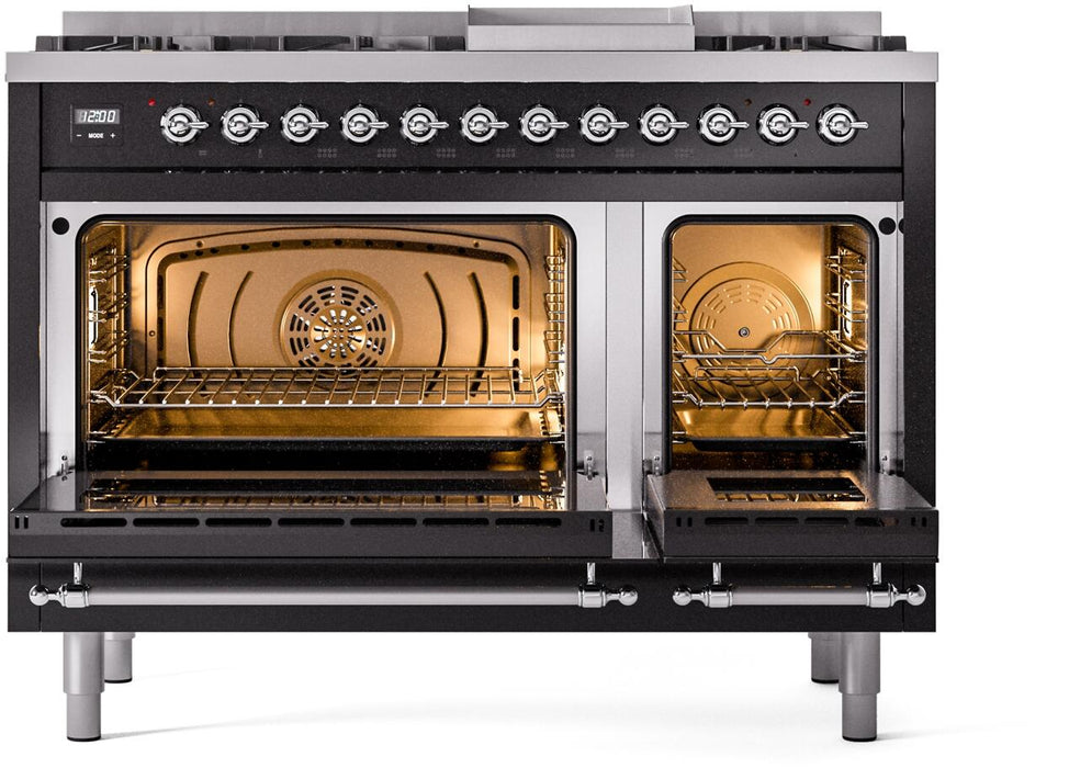 ILVE Nostalgie II 48" Dual Fuel Natural Gas Range, Glossy Black, Chrome Trim UP48FNMPBKC