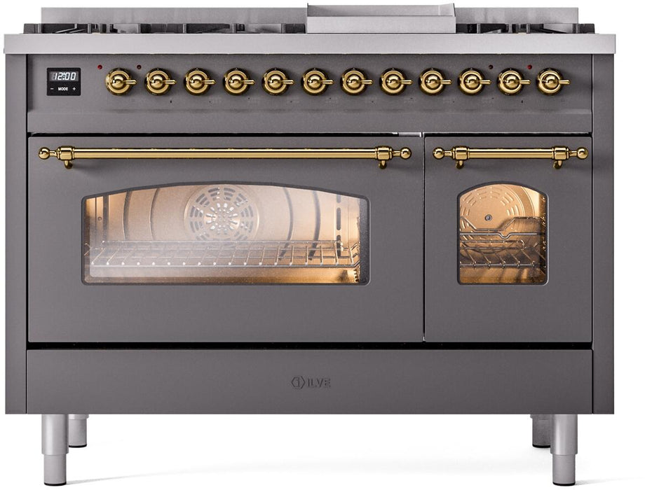 ILVE Nostalgie II 48" Dual Fuel Natural Gas Range, Matte Graphite, Brass Trim UP48FNMPMGG