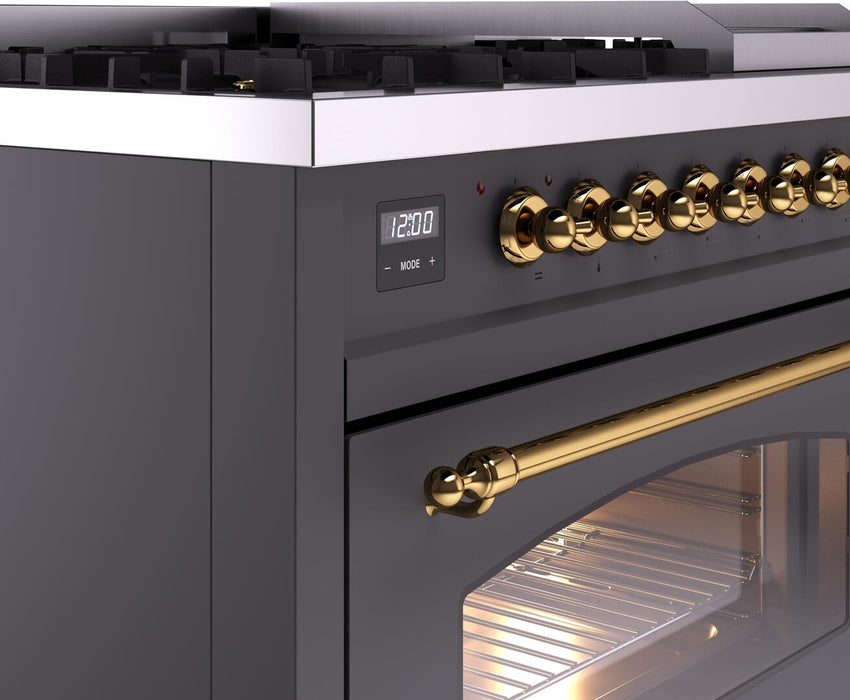 ILVE Nostalgie II 48" Dual Fuel Natural Gas Range, Matte Graphite, Brass Trim UP48FNMPMGG