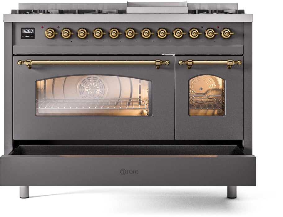 ILVE Nostalgie II 48" Dual Fuel Natural Gas Range, Matte Graphite, Brass Trim UP48FNMPMGG