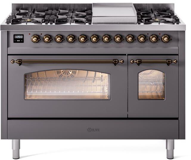 ILVE Nostalgie II 48" Dual Fuel Natural Gas Range, Matte Graphite, Bronze Trim UP48FNMPMGB
