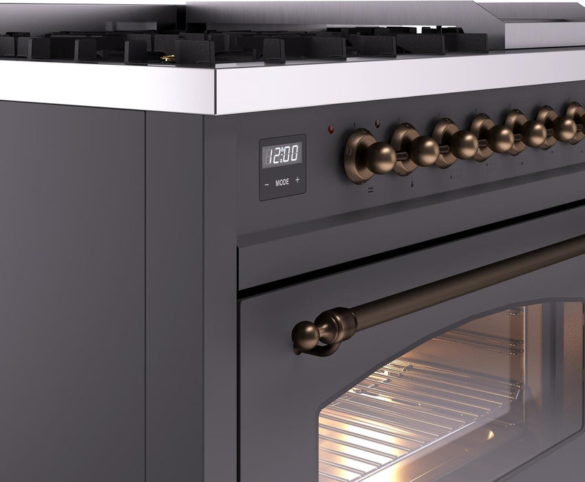 ILVE Nostalgie II 48" Dual Fuel Natural Gas Range, Matte Graphite, Bronze Trim UP48FNMPMGB
