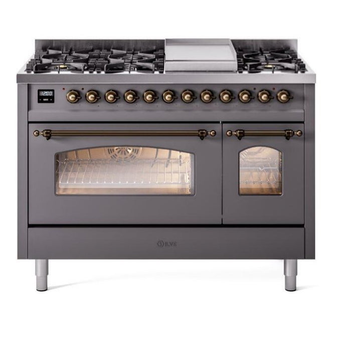 ILVE Nostalgie II 48" Dual Fuel Natural Gas Range, Matte Graphite, Bronze Trim UP48FNMPMGB