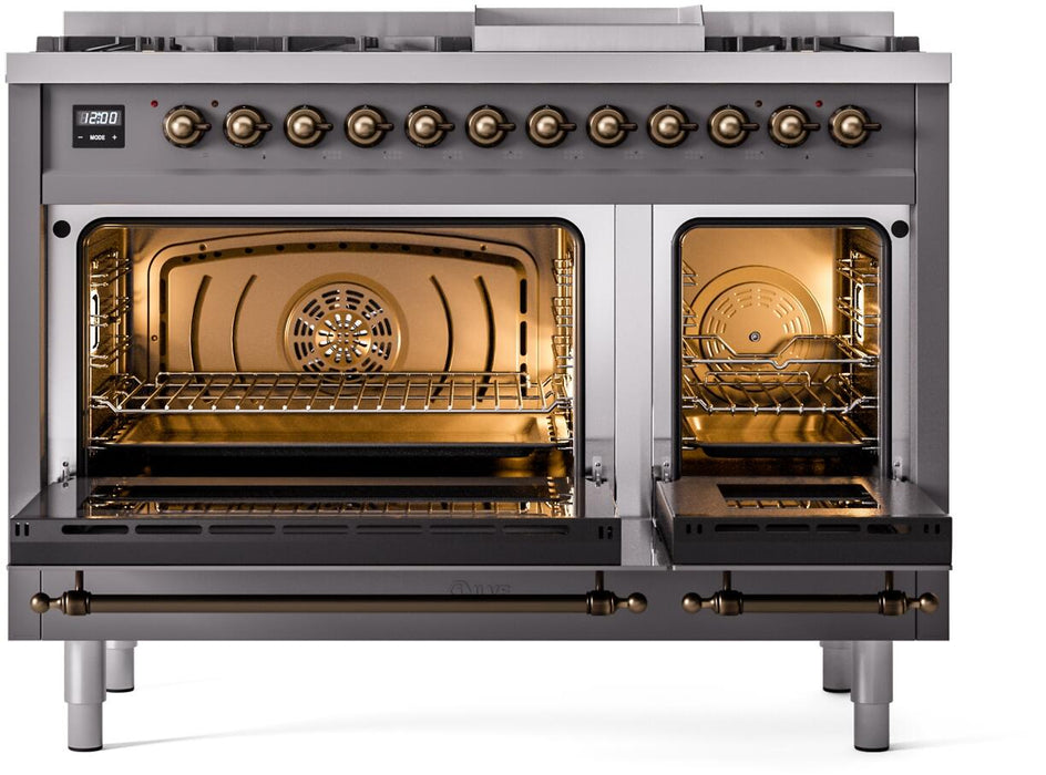 ILVE Nostalgie II 48" Dual Fuel Natural Gas Range, Matte Graphite, Bronze Trim UP48FNMPMGB