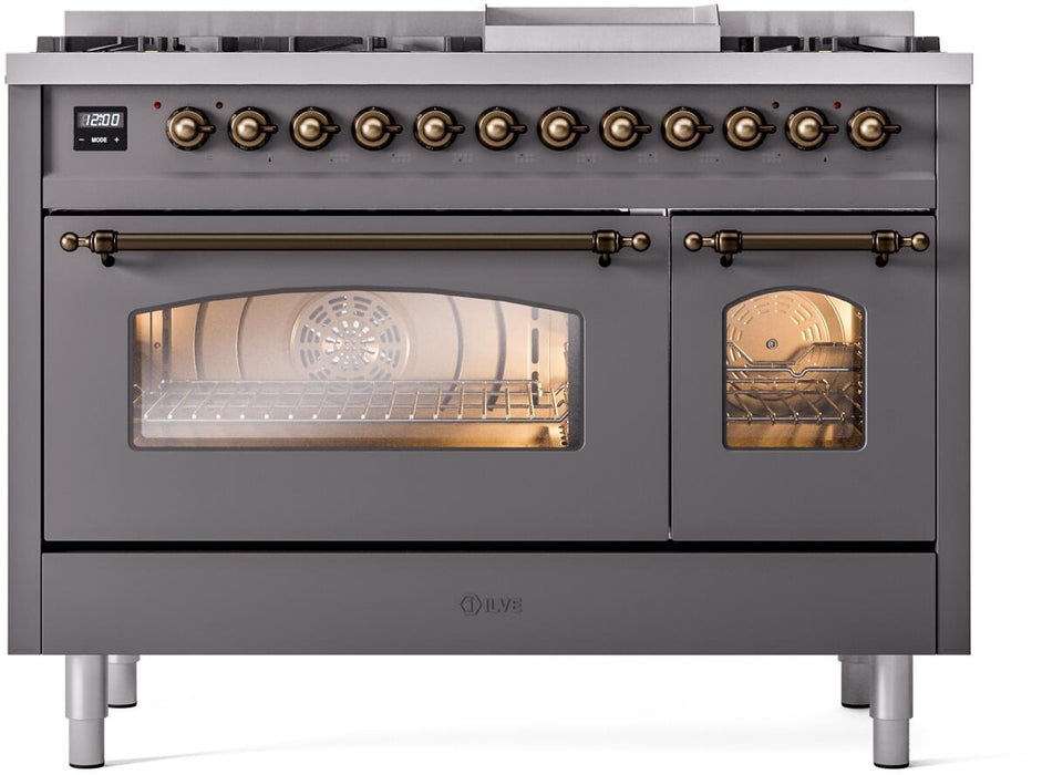 ILVE Nostalgie II 48" Dual Fuel Natural Gas Range, Matte Graphite, Bronze Trim UP48FNMPMGB
