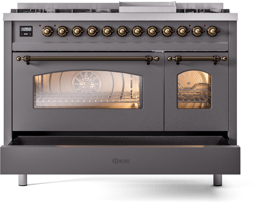 ILVE Nostalgie II 48" Dual Fuel Natural Gas Range, Matte Graphite, Bronze Trim UP48FNMPMGB