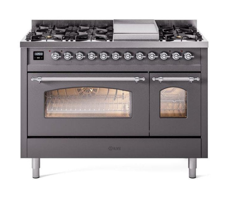 ILVE Nostalgie II 48" Dual Fuel Natural Gas Range, Matte Graphite, Chrome Trim UP48FNMPMGC