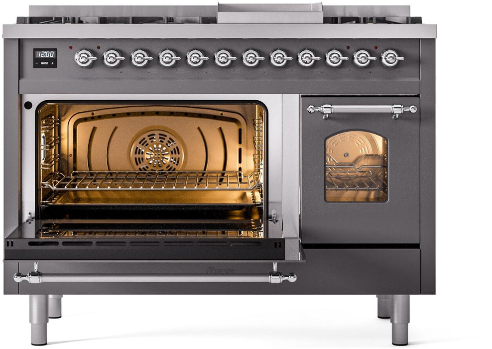 ILVE Nostalgie II 48" Dual Fuel Natural Gas Range, Matte Graphite, Chrome Trim UP48FNMPMGC