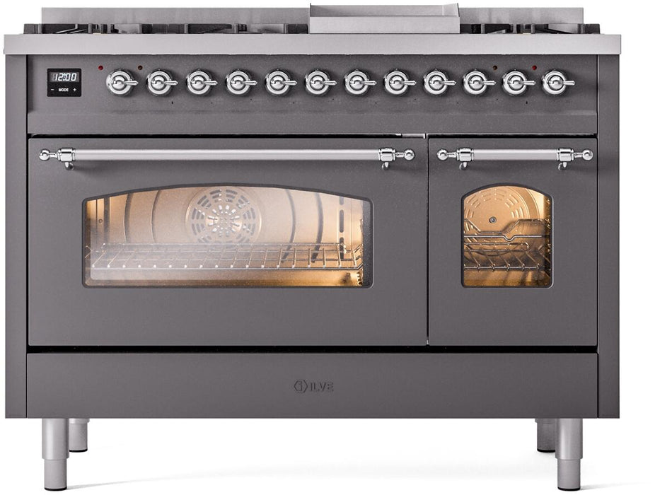 ILVE Nostalgie II 48" Dual Fuel Natural Gas Range, Matte Graphite, Chrome Trim UP48FNMPMGC