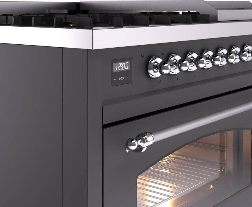 ILVE Nostalgie II 48" Dual Fuel Natural Gas Range, Matte Graphite, Chrome Trim UP48FNMPMGC