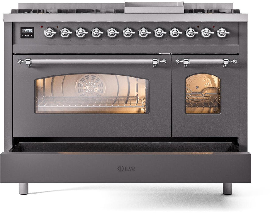 ILVE Nostalgie II 48" Dual Fuel Natural Gas Range, Matte Graphite, Chrome Trim UP48FNMPMGC
