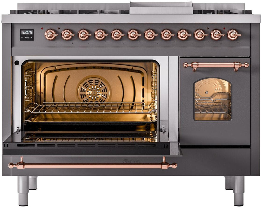 ILVE Nostalgie II 48" Dual Fuel Natural Gas Range, Matte Graphite, Copper Trim ILVE UP48FNMPMGP