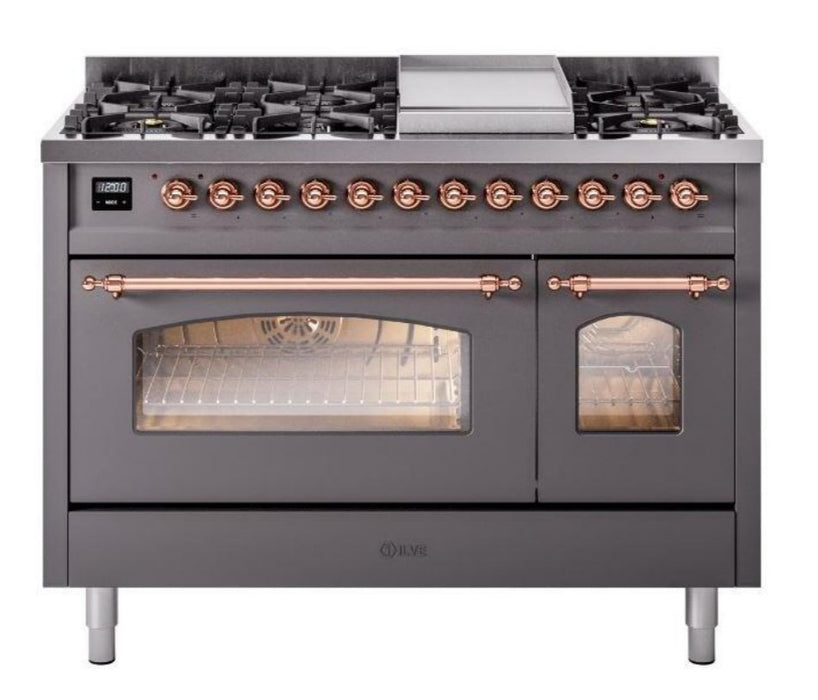 ILVE Nostalgie II 48" Dual Fuel Natural Gas Range, Matte Graphite, Copper Trim ILVE UP48FNMPMGP