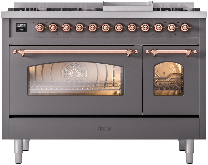ILVE Nostalgie II 48" Dual Fuel Natural Gas Range, Matte Graphite, Copper Trim ILVE UP48FNMPMGP