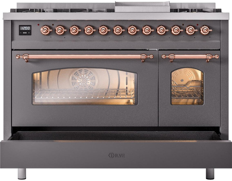 ILVE Nostalgie II 48" Dual Fuel Natural Gas Range, Matte Graphite, Copper Trim ILVE UP48FNMPMGP