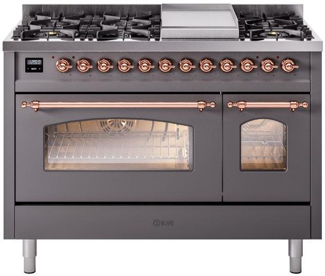 ILVE Nostalgie II 48" Dual Fuel Natural Gas Range, Matte Graphite, Copper Trim ILVE UP48FNMPMGP