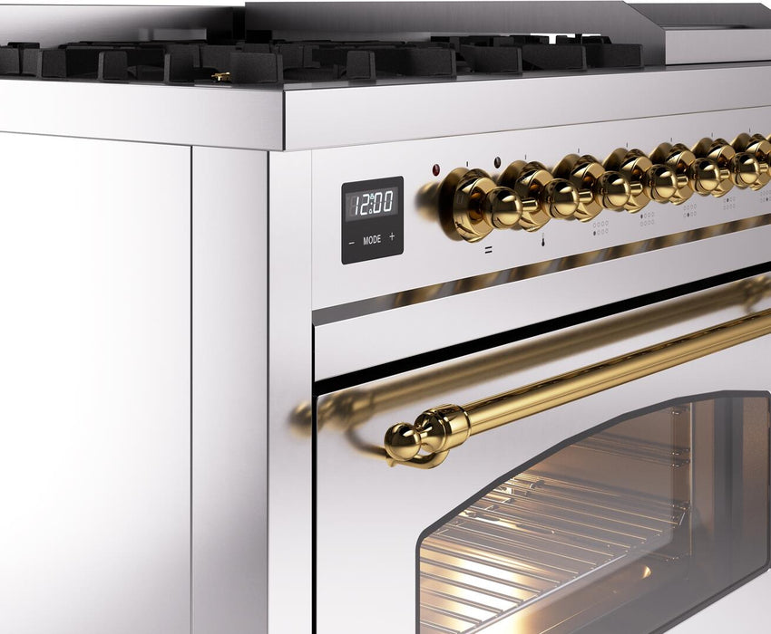 ILVE Nostalgie II 48" Dual Fuel Natural Gas Range, Stainless Steel, Brass Trim UP48FNMPSSG
