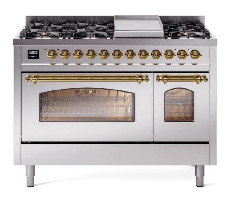 ILVE Nostalgie II 48" Dual Fuel Natural Gas Range, Stainless Steel, Brass Trim UP48FNMPSSG