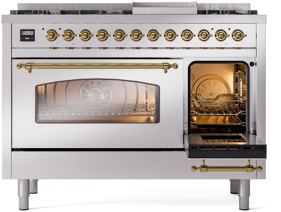 ILVE Nostalgie II 48" Dual Fuel Natural Gas Range, Stainless Steel, Brass Trim UP48FNMPSSG
