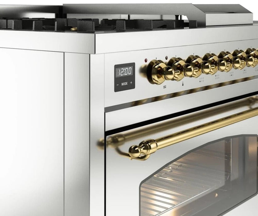 ILVE Nostalgie II 48"  Dual Fuel Natural Gas Range Stainless Steel Brass Trim UP48FSNMPSSG