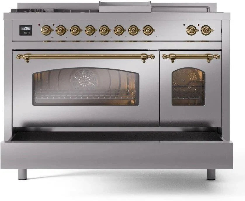 ILVE Nostalgie II 48"  Dual Fuel Natural Gas Range Stainless Steel Brass Trim UP48FSNMPSSG