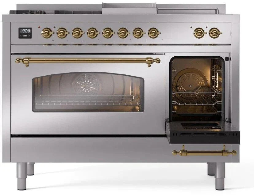 ILVE Nostalgie II 48"  Dual Fuel Natural Gas Range Stainless Steel Brass Trim UP48FSNMPSSG