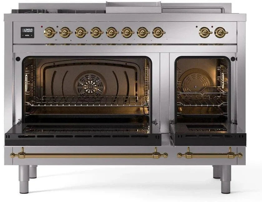 ILVE Nostalgie II 48"  Dual Fuel Natural Gas Range Stainless Steel Brass Trim UP48FSNMPSSG