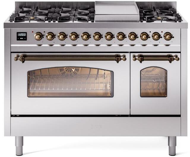 ILVE Nostalgie II 48" Dual Fuel Natural Gas Range, Stainless Steel, Bronze Trim UP48FNMPSSB