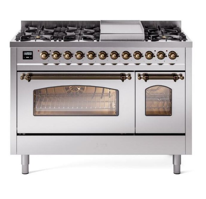 ILVE Nostalgie II 48" Dual Fuel Natural Gas Range, Stainless Steel, Bronze Trim UP48FNMPSSB