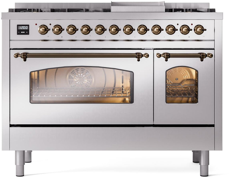 ILVE Nostalgie II 48" Dual Fuel Natural Gas Range, Stainless Steel, Bronze Trim UP48FNMPSSB