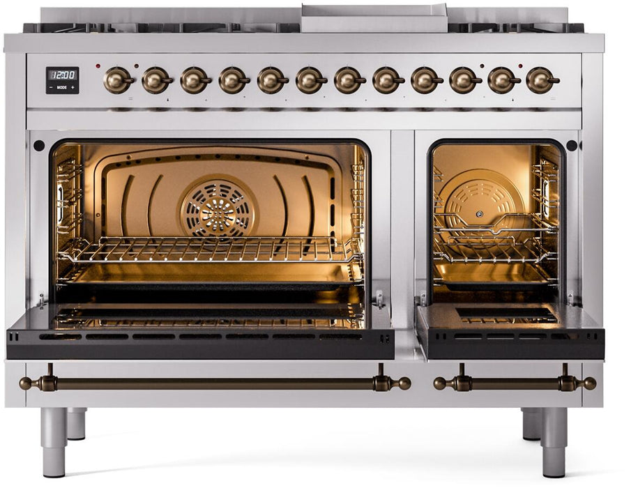 ILVE Nostalgie II 48" Dual Fuel Natural Gas Range, Stainless Steel, Bronze Trim UP48FNMPSSB