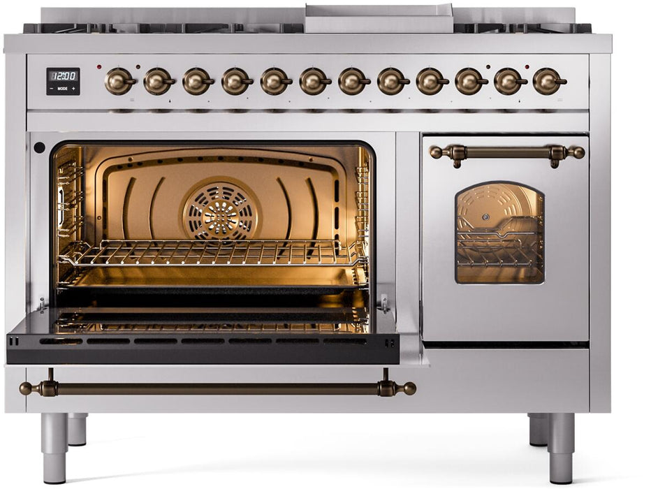 ILVE Nostalgie II 48" Dual Fuel Natural Gas Range, Stainless Steel, Bronze Trim UP48FNMPSSB