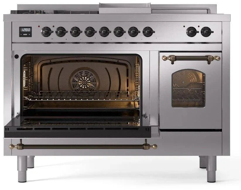 ILVE Nostalgie II 48"  Dual Fuel Natural Gas Range Stainless Steel Bronze Trim UP48FSNMPSSB
