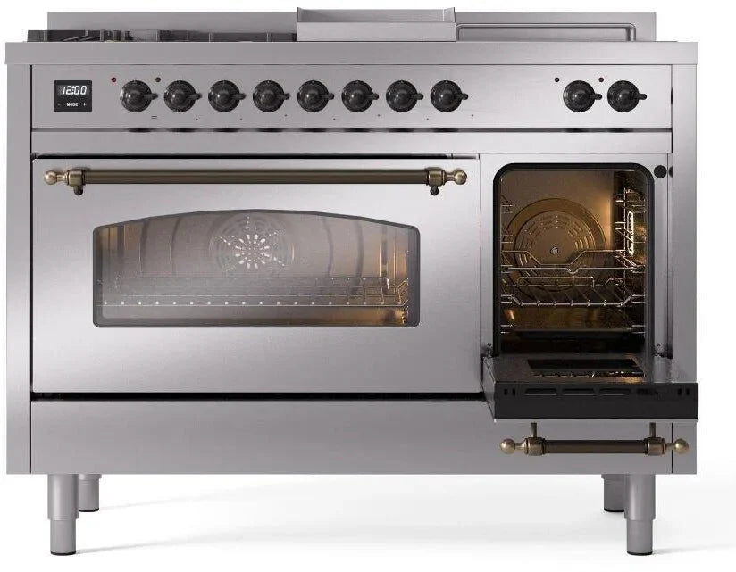 ILVE Nostalgie II 48"  Dual Fuel Natural Gas Range Stainless Steel Bronze Trim UP48FSNMPSSB