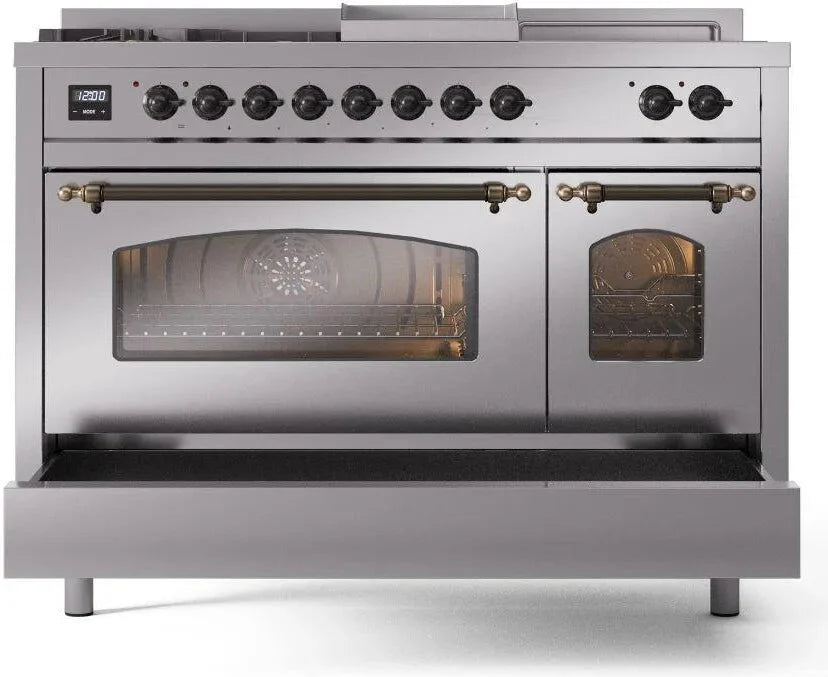ILVE Nostalgie II 48"  Dual Fuel Natural Gas Range Stainless Steel Bronze Trim UP48FSNMPSSB