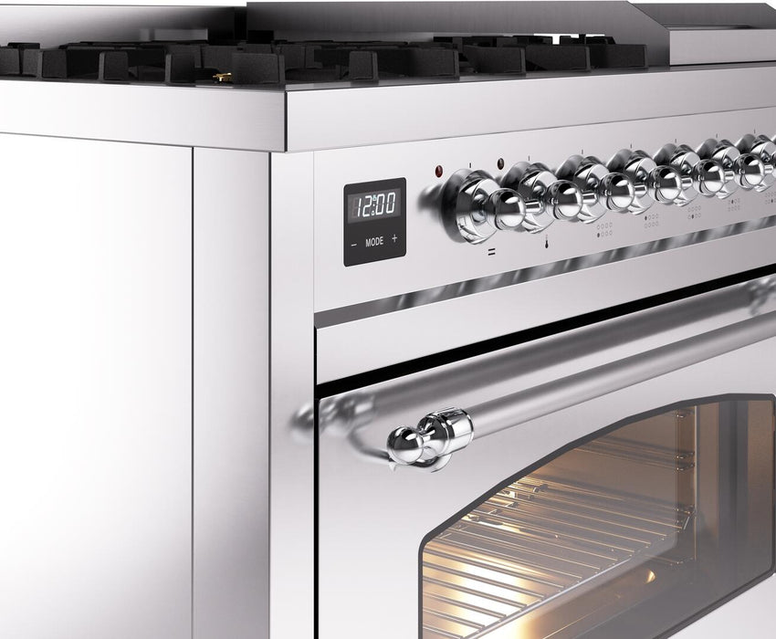 ILVE Nostalgie II 48" Dual Fuel Natural Gas Range, Stainless Steel, Chrome Trim UP48FNMPSSC
