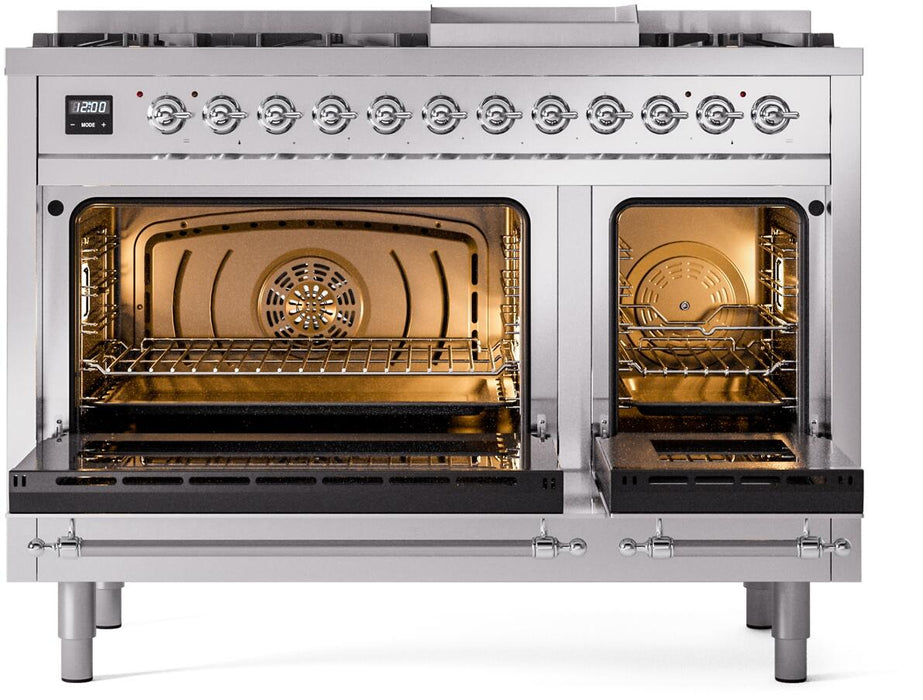 ILVE Nostalgie II 48" Dual Fuel Natural Gas Range, Stainless Steel, Chrome Trim UP48FNMPSSC