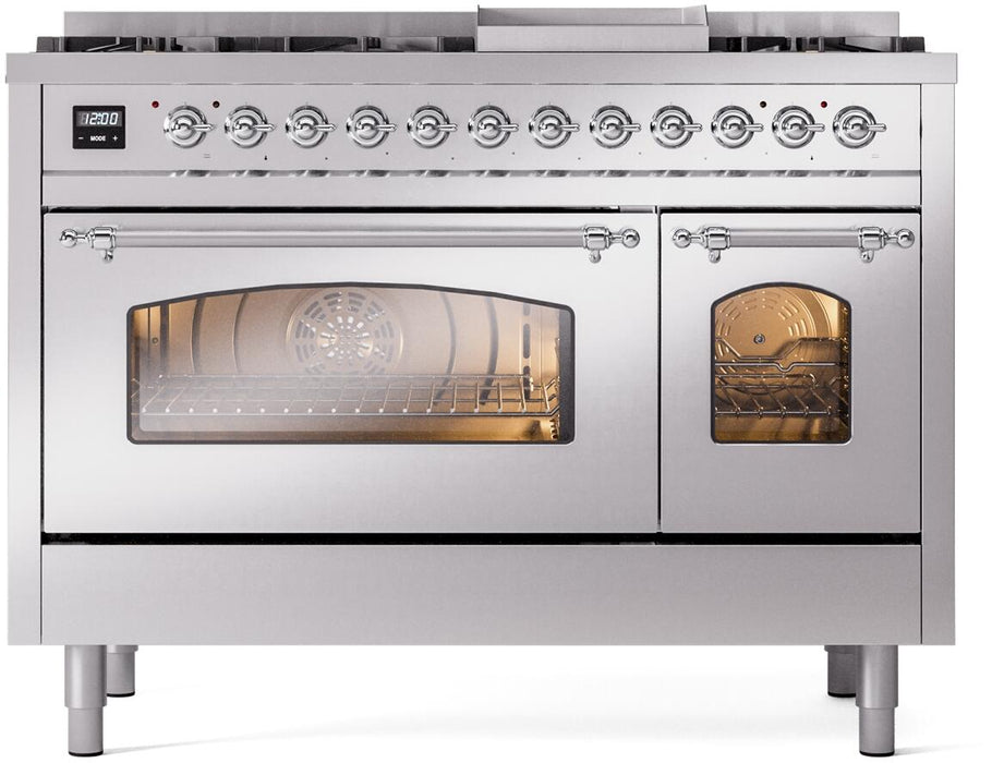 ILVE Nostalgie II 48" Dual Fuel Natural Gas Range, Stainless Steel, Chrome Trim UP48FNMPSSC