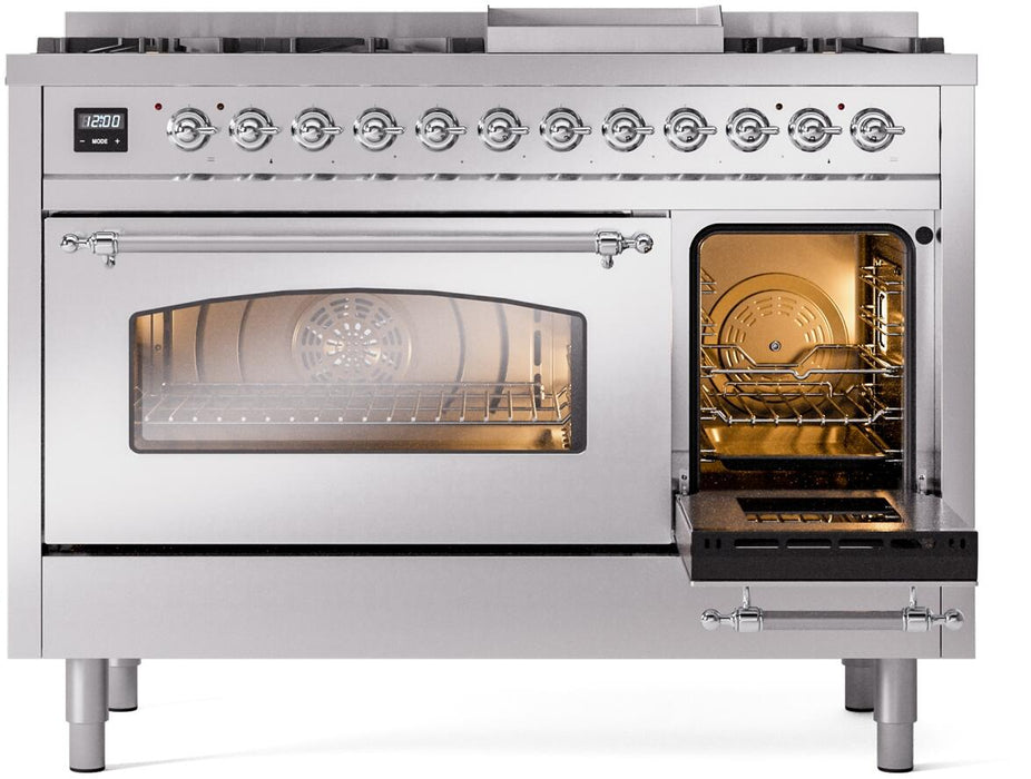 ILVE Nostalgie II 48" Dual Fuel Natural Gas Range, Stainless Steel, Chrome Trim UP48FNMPSSC