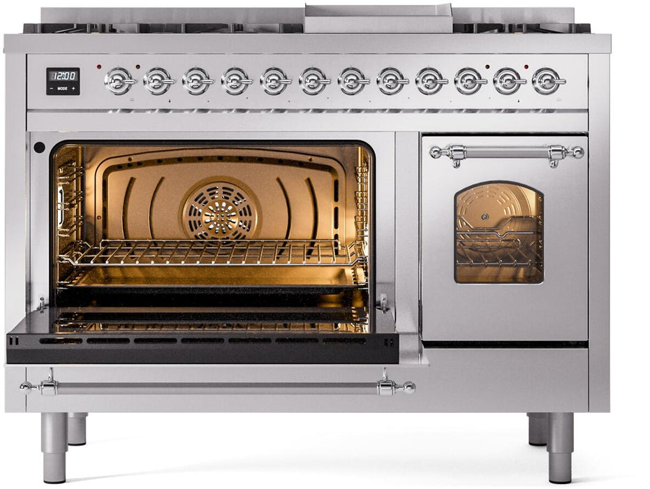 ILVE Nostalgie II 48" Dual Fuel Natural Gas Range, Stainless Steel, Chrome Trim UP48FNMPSSC