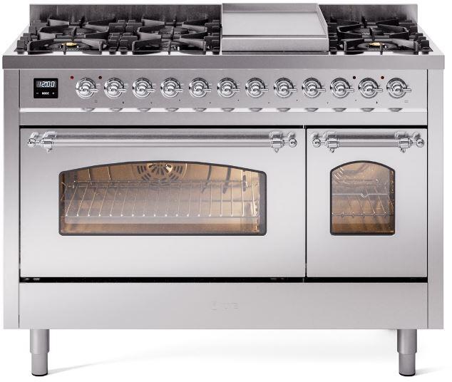 ILVE Nostalgie II 48" Dual Fuel Natural Gas Range, Stainless Steel, Chrome Trim UP48FNMPSSC